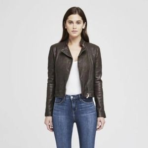 NWT L'Agence Devon Lamb Leather Stand Collar Walnut Moto Jacket Size 6